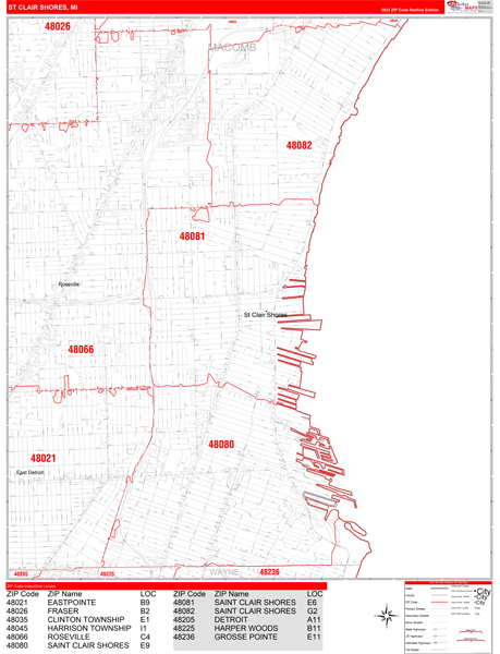 St. Clair Shores Wall Map Red Line Style